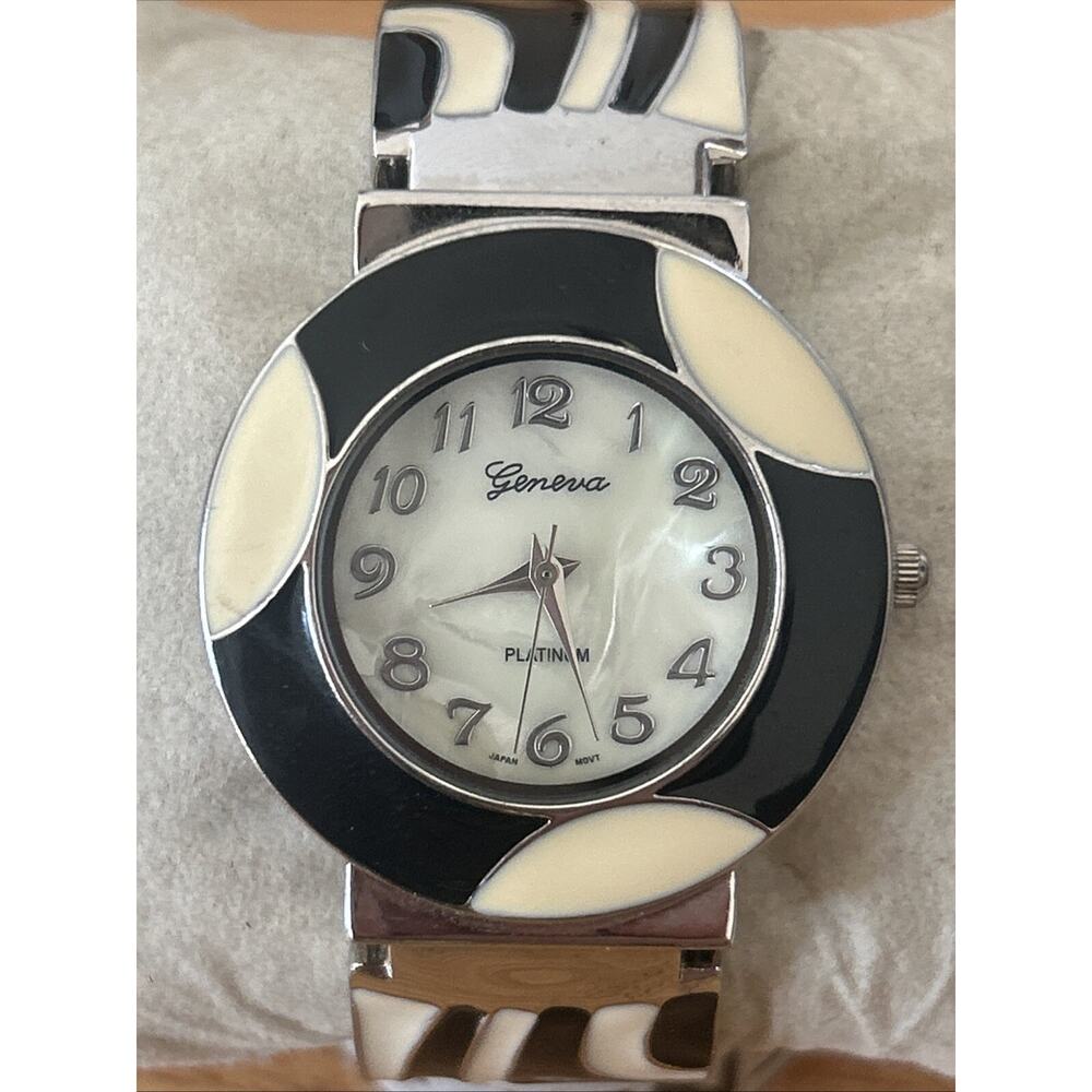 Geneva MOP Dial Silver Tone Black And White Women’s Cuff Watch